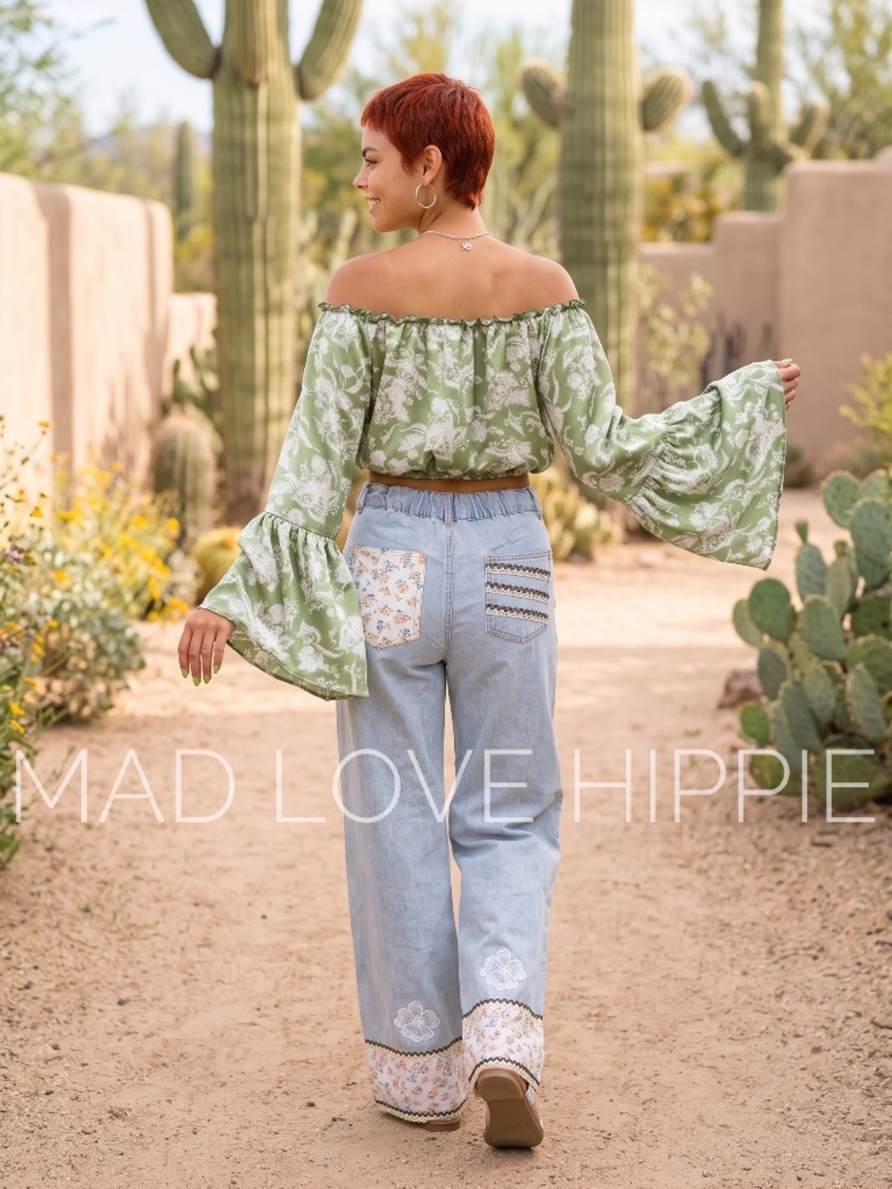 Peach Love Sage Green Floral Crop Top | Satin Off Shoulder Bubble Bell Sleeve - Picture 6 of 7